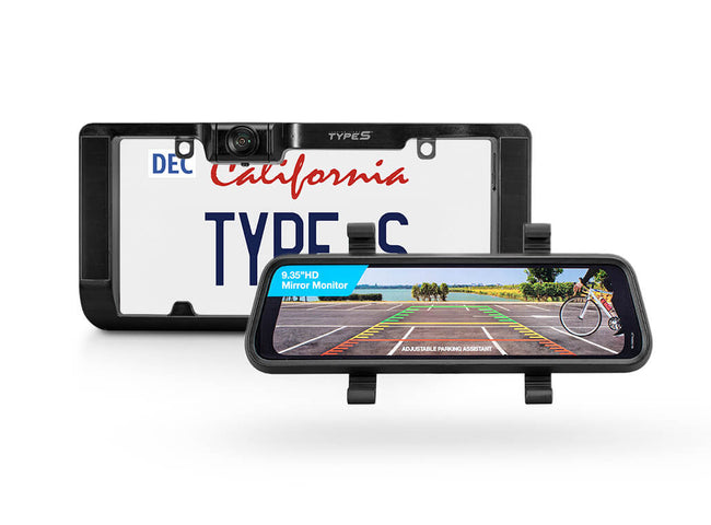 TYPE S Solar Powered Portable License Plate Frame Backup Camera with HD monitor built into rear-view mirror. Smart Wireless Button Control