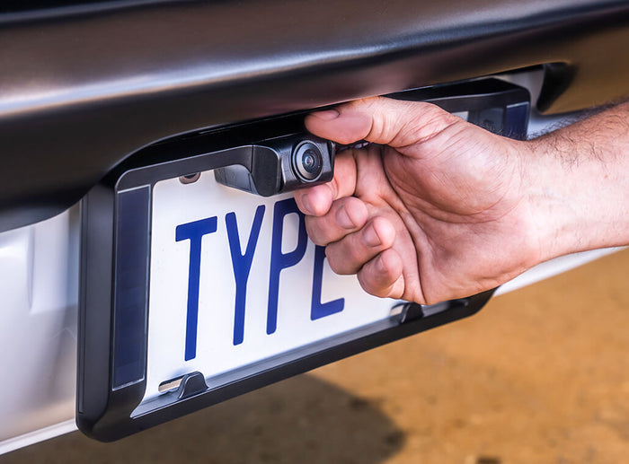 TYPE S Solar Powered Portable License Plate Frame Backup Camera with HD monitor built into rear-view mirror. Smart Wireless Button Control