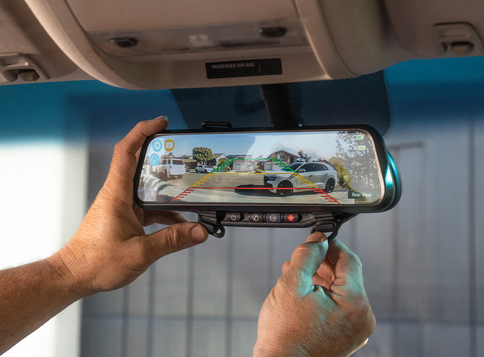 TYPE S Solar Powered Portable License Plate Frame Backup Camera with HD monitor built into rear-view mirror. Smart Wireless Button Control