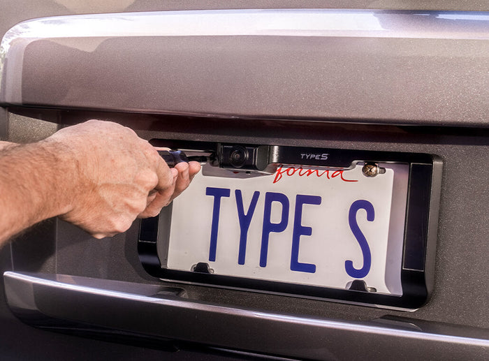 TYPE S Solar Powered Portable License Plate Frame Backup Camera with HD monitor built into rear-view mirror. Smart Wireless Button Control